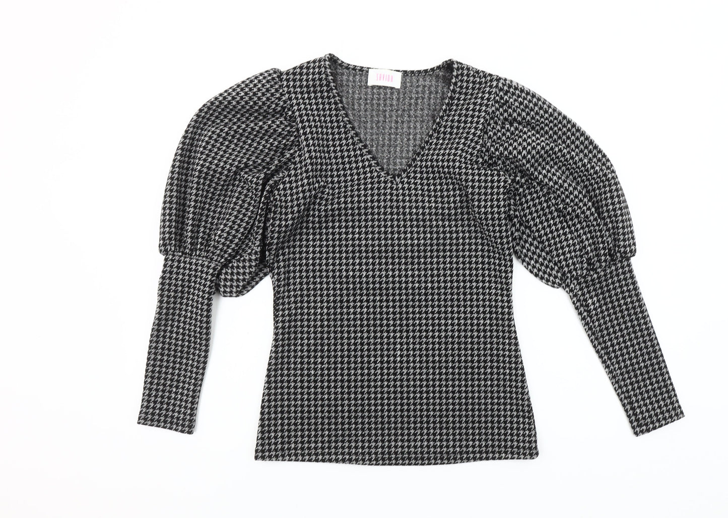 Savida Women's Black Houndstooth Puff Sleeve V-Neck Knit Blouse XS