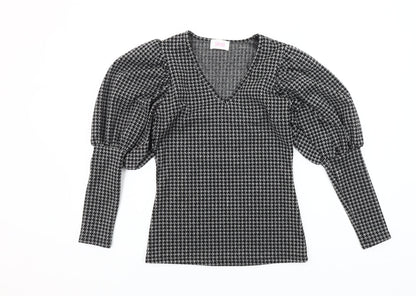 Savida Women's Black Houndstooth Puff Sleeve V-Neck Knit Blouse XS