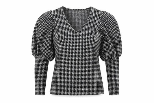 Savida Women's Black Houndstooth Puff Sleeve V-Neck Knit Blouse XS