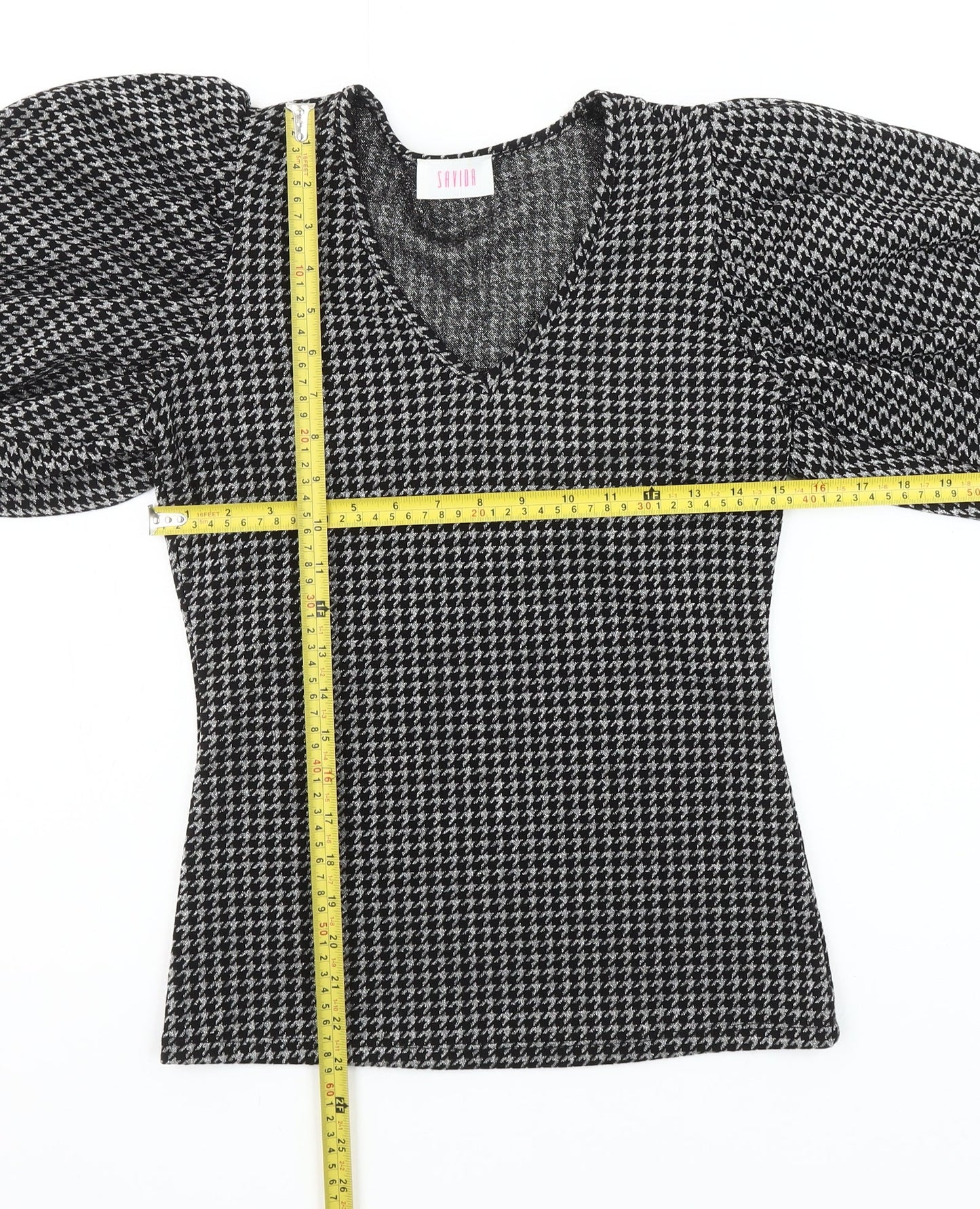 Savida Women's Black Houndstooth Puff Sleeve V-Neck Knit Blouse XS