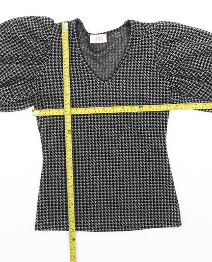 Savida Women's Black Houndstooth Puff Sleeve V-Neck Knit Blouse XS