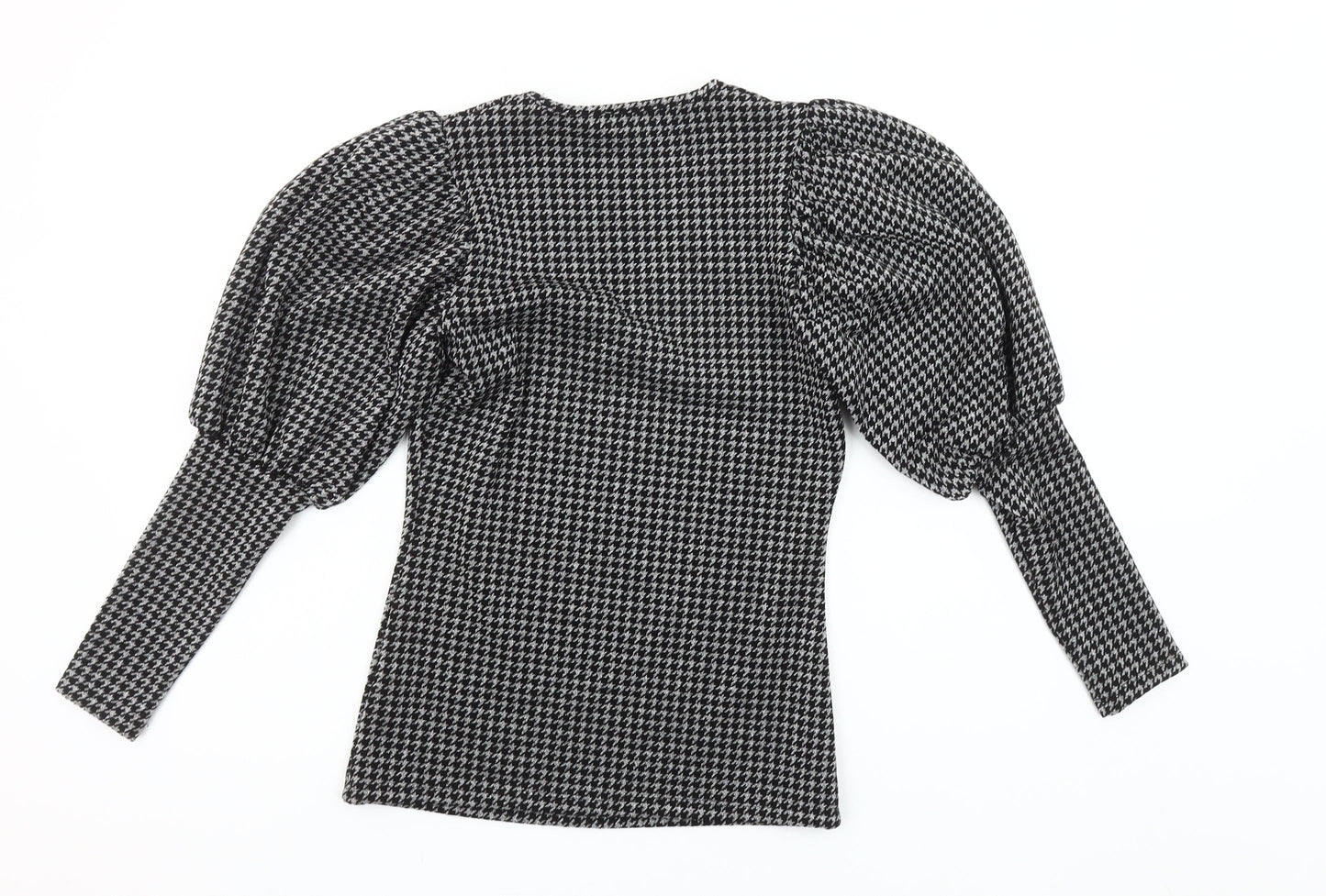 Savida Women's Black Houndstooth Puff Sleeve V-Neck Knit Blouse XS