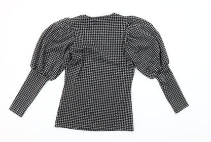 Savida Women's Black Houndstooth Puff Sleeve V-Neck Knit Blouse XS