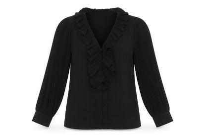 Savida Women's Black Ruffle Long Sleeve Blouse Size 2XS