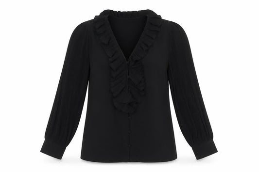 Savida Women's Black Ruffle Long Sleeve Blouse Size 2XS