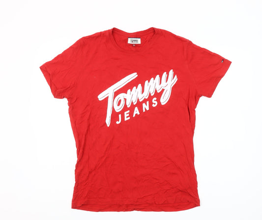 Tommy Jeans Men's Red Cotton Logo Crew Neck T-Shirt Size L