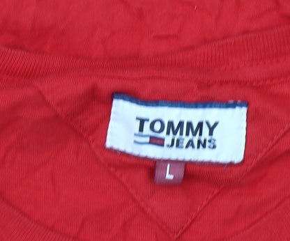 Tommy Jeans Men's Red Cotton Logo Crew Neck T-Shirt Size L