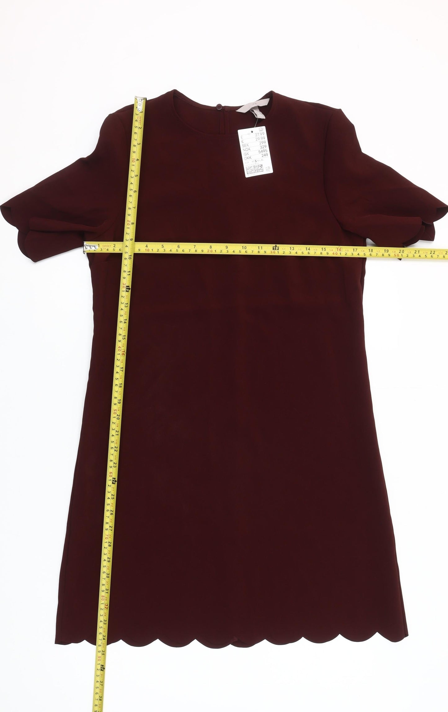 H&M Women Red Shift Dress Size 10 Short Sleeve Scallop Hem Workwear