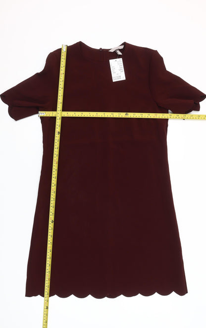 H&M Women Red Shift Dress Size 10 Short Sleeve Scallop Hem Workwear
