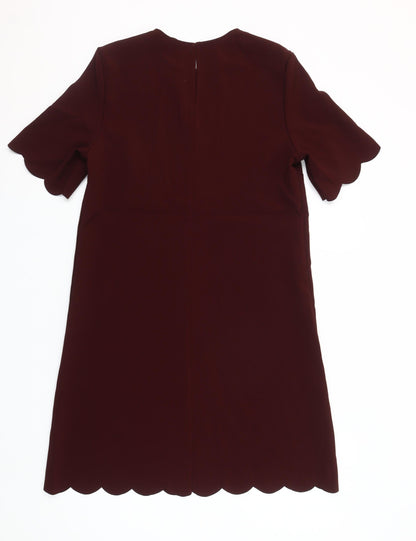 H&M Women Red Shift Dress Size 10 Short Sleeve Scallop Hem Workwear