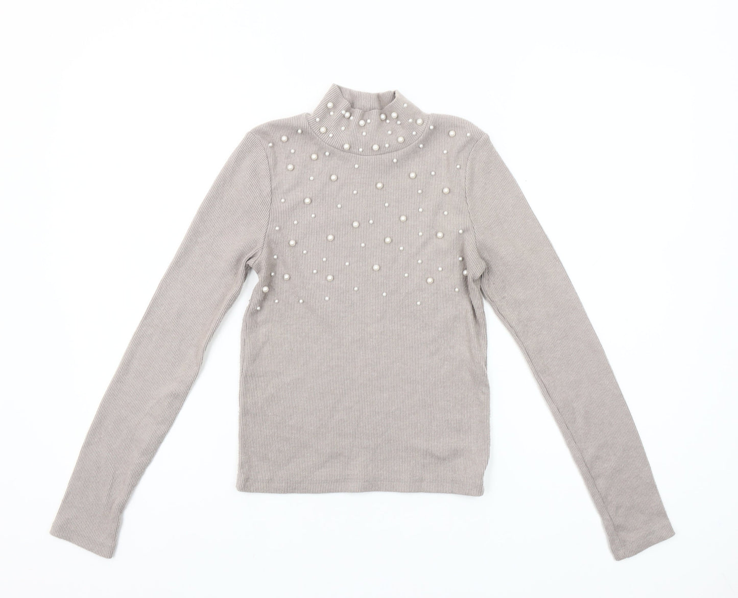 ZARA Women Beige Mock Neck Beaded Slim Fit Knit Jumper Size S