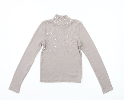 ZARA Women Beige Mock Neck Beaded Slim Fit Knit Jumper Size S