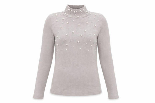 ZARA Women Beige Mock Neck Beaded Slim Fit Knit Jumper Size S