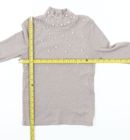 ZARA Women Beige Mock Neck Beaded Slim Fit Knit Jumper Size S