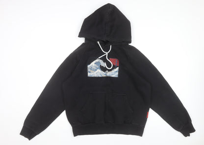 D4 Men's Black Pullover Hoodie M Embroidered Wave Art Design