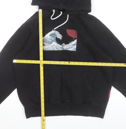 D4 Men's Black Pullover Hoodie M Embroidered Wave Art Design