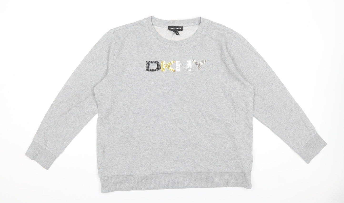DKNY Jeans Women's Grey Sequin Logo Pullover Sweatshirt Size M