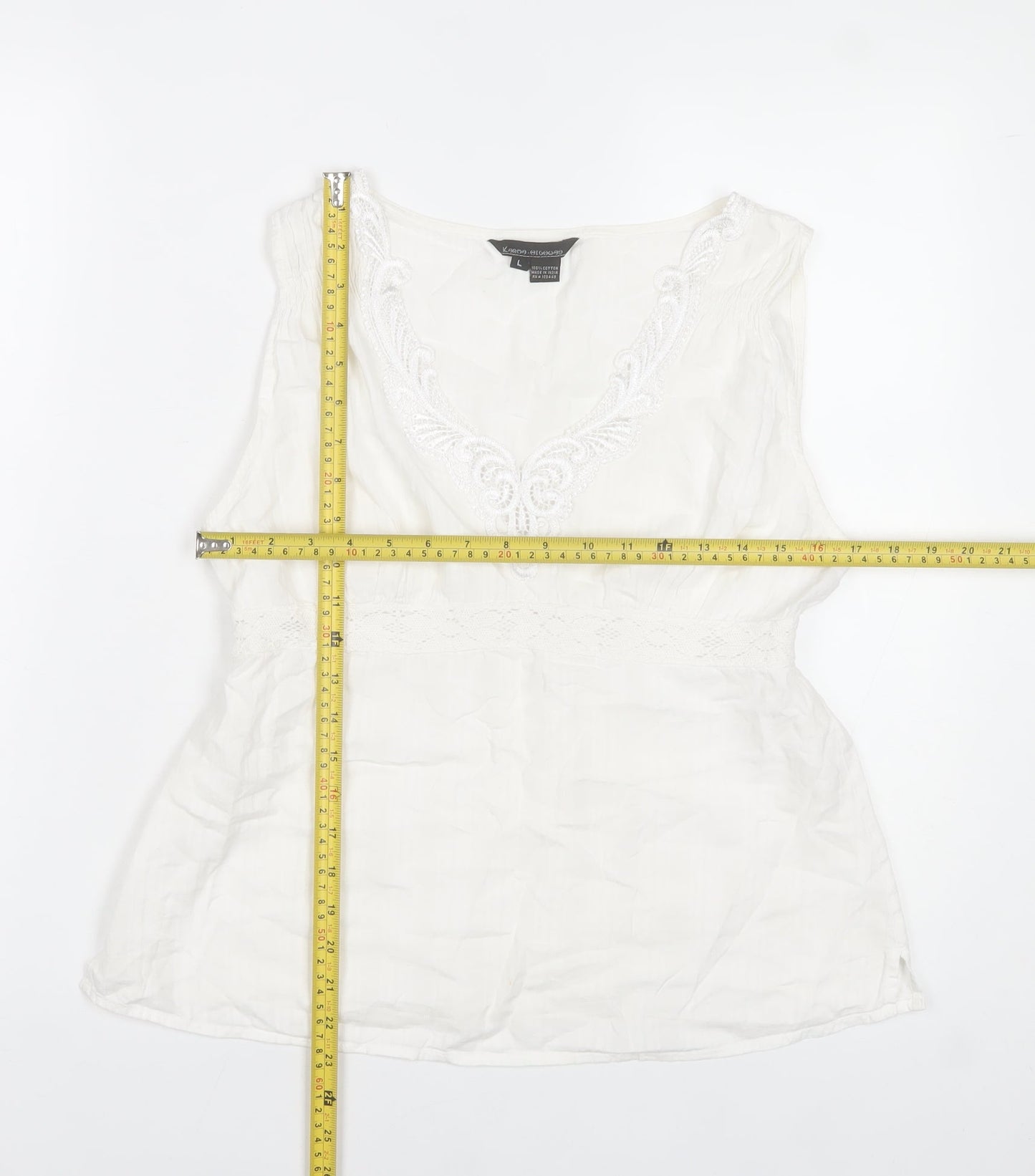 Karma Highway Women's White Cotton Embroidered Bohemian Sleeveless Blouse L