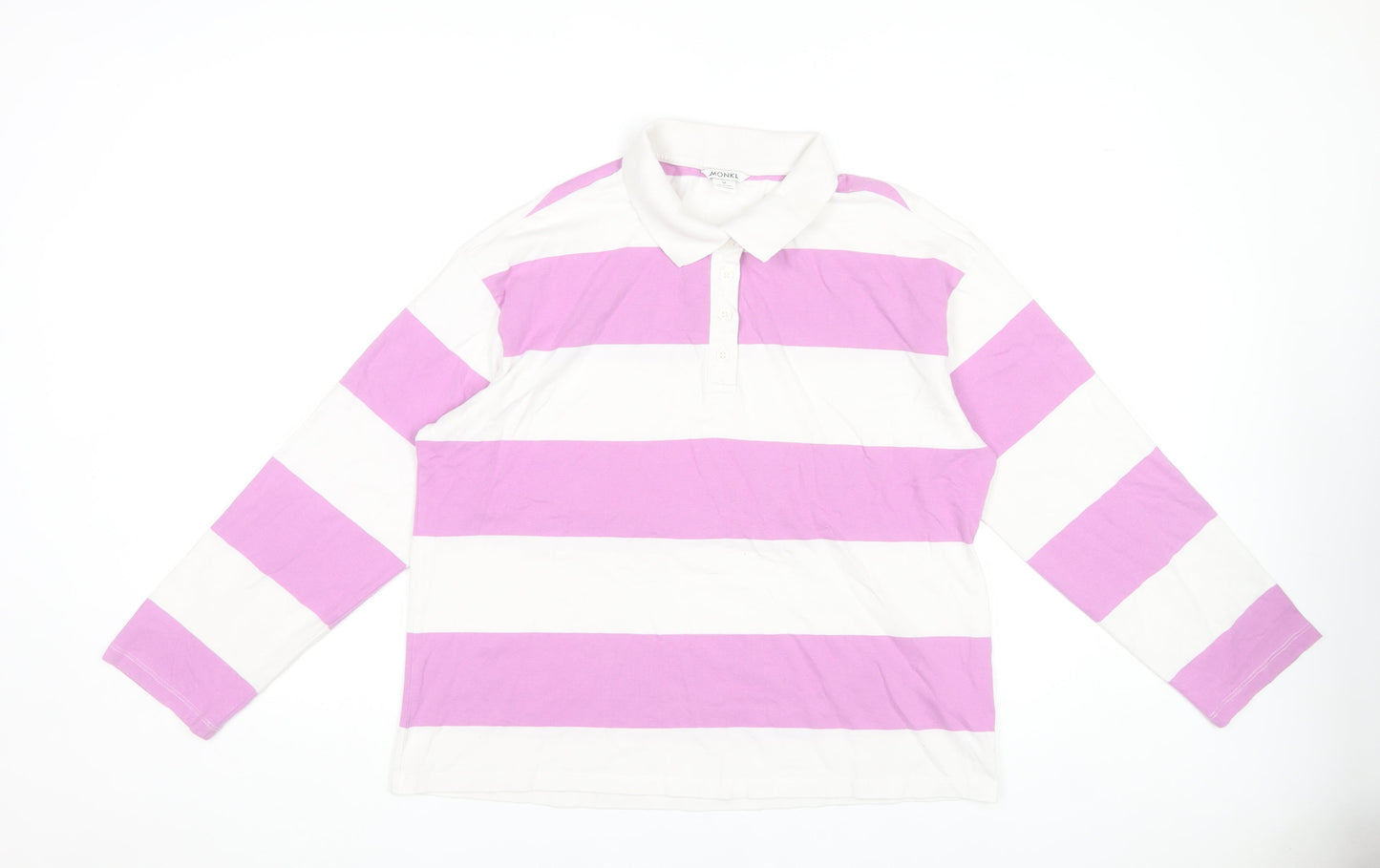 Monki Women's Pink White Striped Long Sleeve Cotton Polo Shirt Size 12