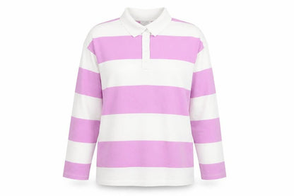 Monki Women's Pink White Striped Long Sleeve Cotton Polo Shirt Size 12