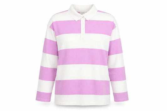 Monki Women's Pink White Striped Long Sleeve Cotton Polo Shirt Size 12
