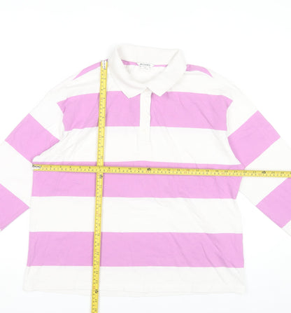 Monki Women's Pink White Striped Long Sleeve Cotton Polo Shirt Size 12