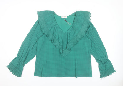 Gallery Women’s Green Ruffle V-Neck Long Sleeve Tunic Blouse Size 14