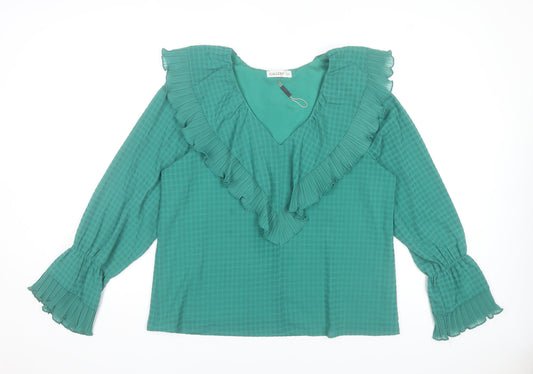 Additional front view of Gallery Women’s Green Ruffle V-Neck Long Sleeve Tunic Blouse, size UK 14