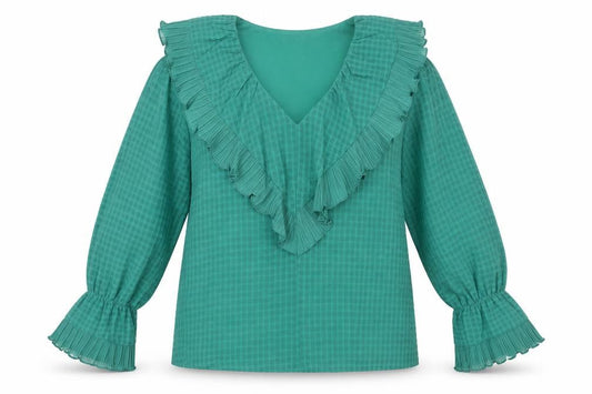 Front view of Gallery Women’s Green Ruffle V-Neck Long Sleeve Tunic Blouse, size UK 14