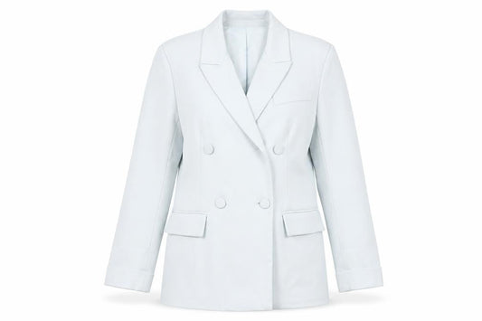 Front view of Gallery Women’s Light Blue Double Button Blazer, size UK 10