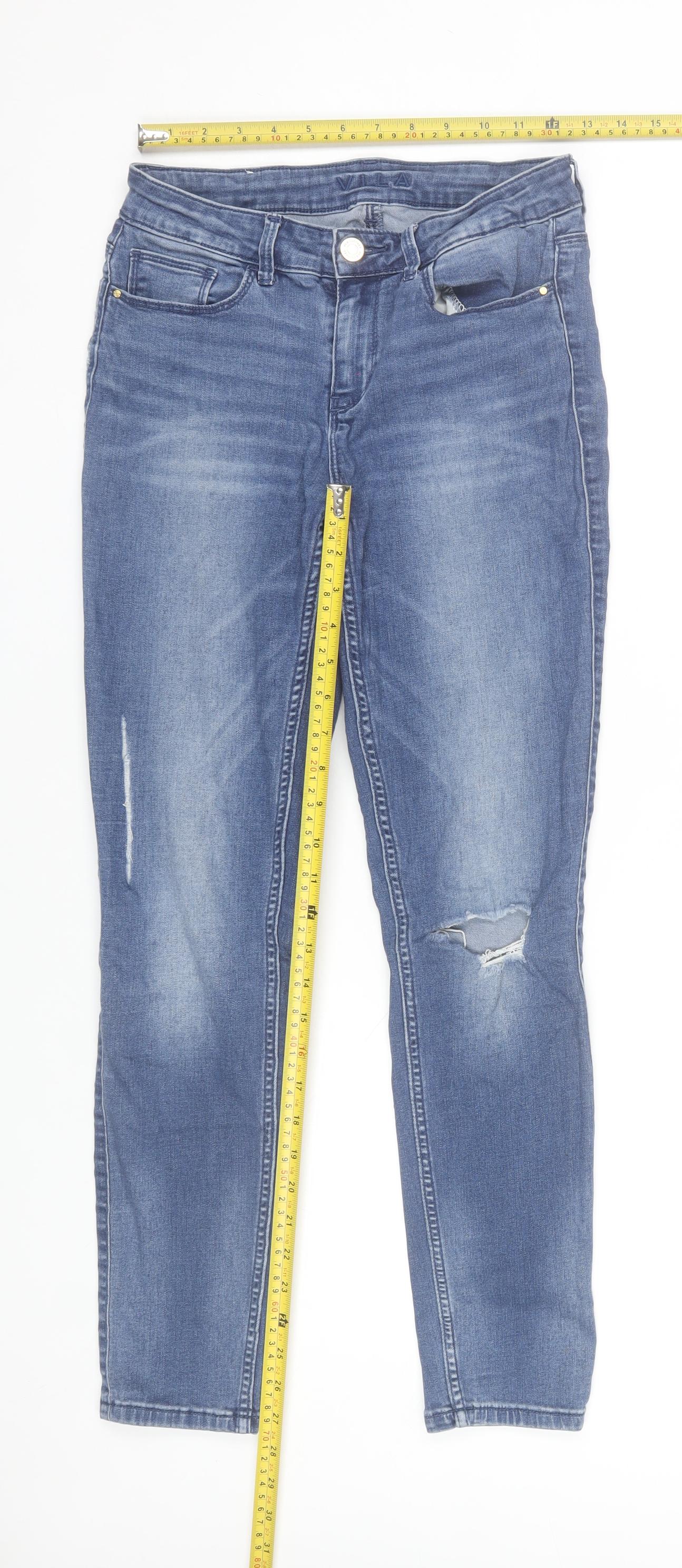 Vila Women Blue Slim Jeans Size 12 Distressed Denim Mid Rise