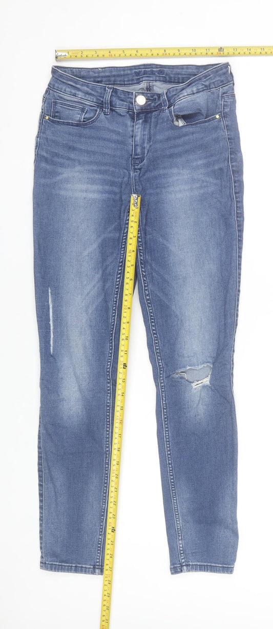Vila Women Blue Slim Jeans Size 12 Distressed Denim Mid Rise