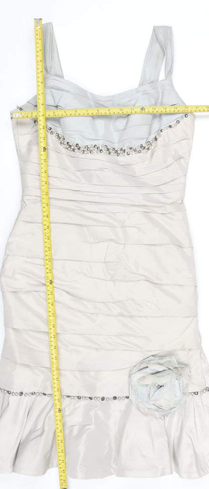 Ian Stuart London Women’s Beige Knee Length Sheath Dress Size 16 Beaded Formal