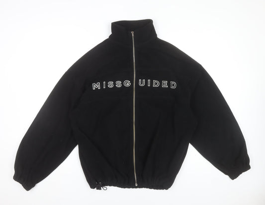 Missguided Women’s Black Fleece Jacket Size 8 Zip Up Logo Casual