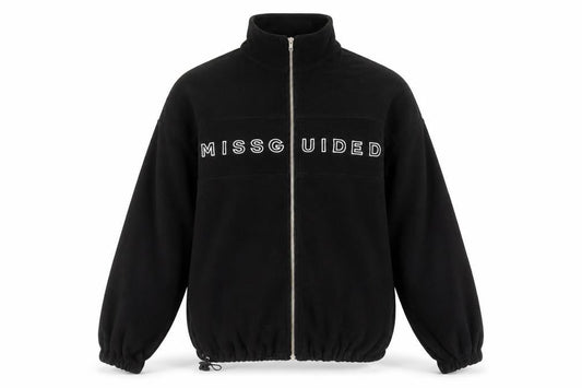 Missguided Women’s Black Fleece Jacket Size 8 Zip Up Logo Casual