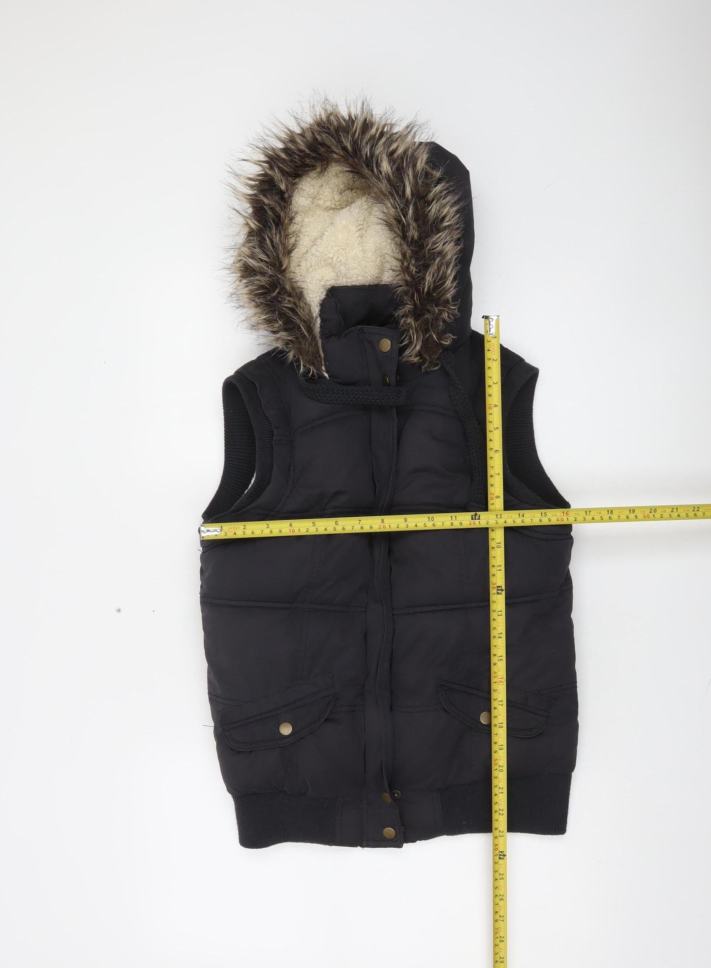 New Look Women's Black Faux Fur Hooded Puffer Waistcoat Size 12