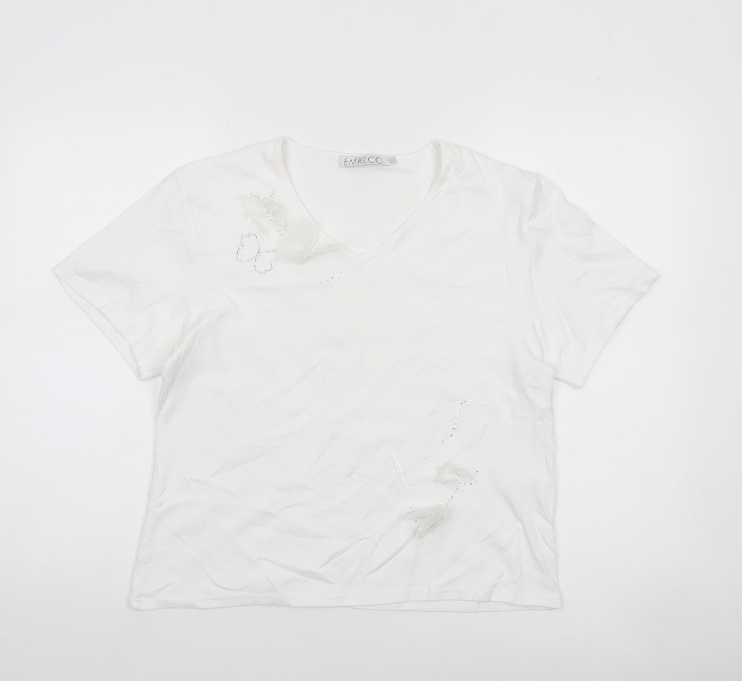 Emreco Women's White V-Neck Short Sleeve Jersey T-Shirt Size 14