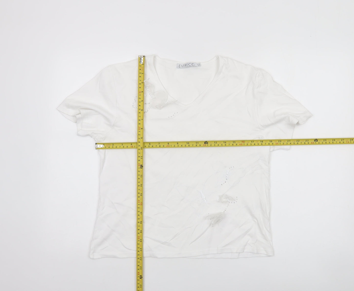 Emreco Women's White V-Neck Short Sleeve Jersey T-Shirt Size 14