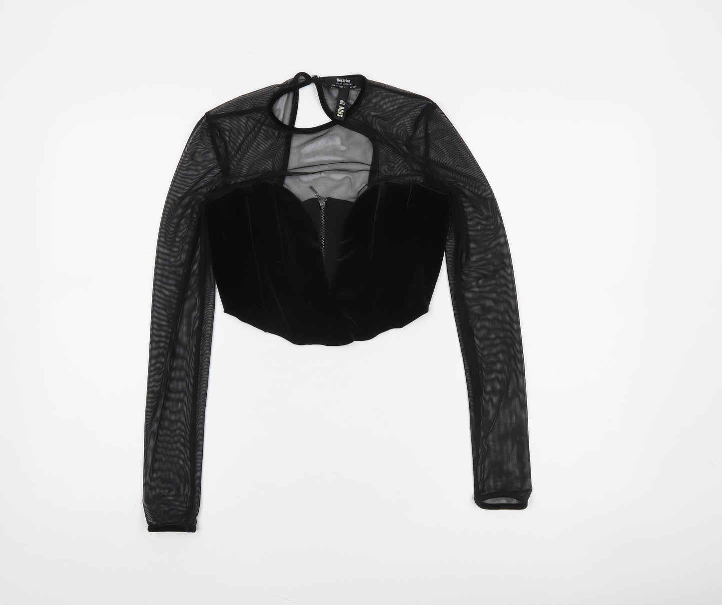 Bershka Women's Black Velvet Mesh Cropped Blouse Size S Party Top