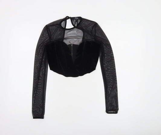 Bershka Women's Black Velvet Mesh Cropped Blouse Size S Party Top