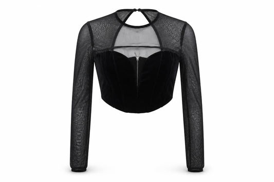 Bershka Women's Black Velvet Mesh Cropped Blouse Size S Party Top