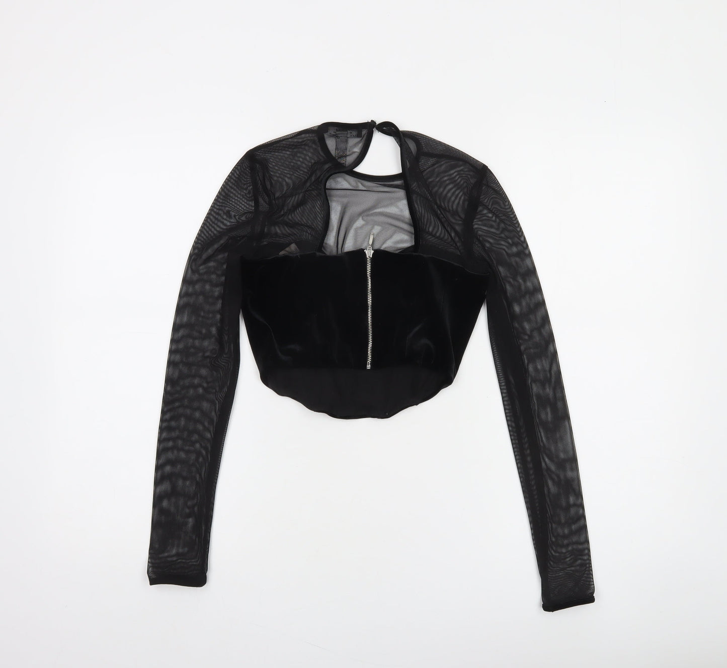 Bershka Women's Black Velvet Mesh Cropped Blouse Size S Party Top