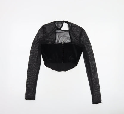 Bershka Women's Black Velvet Mesh Cropped Blouse Size S Party Top