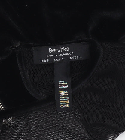 Bershka Women's Black Velvet Mesh Cropped Blouse Size S Party Top