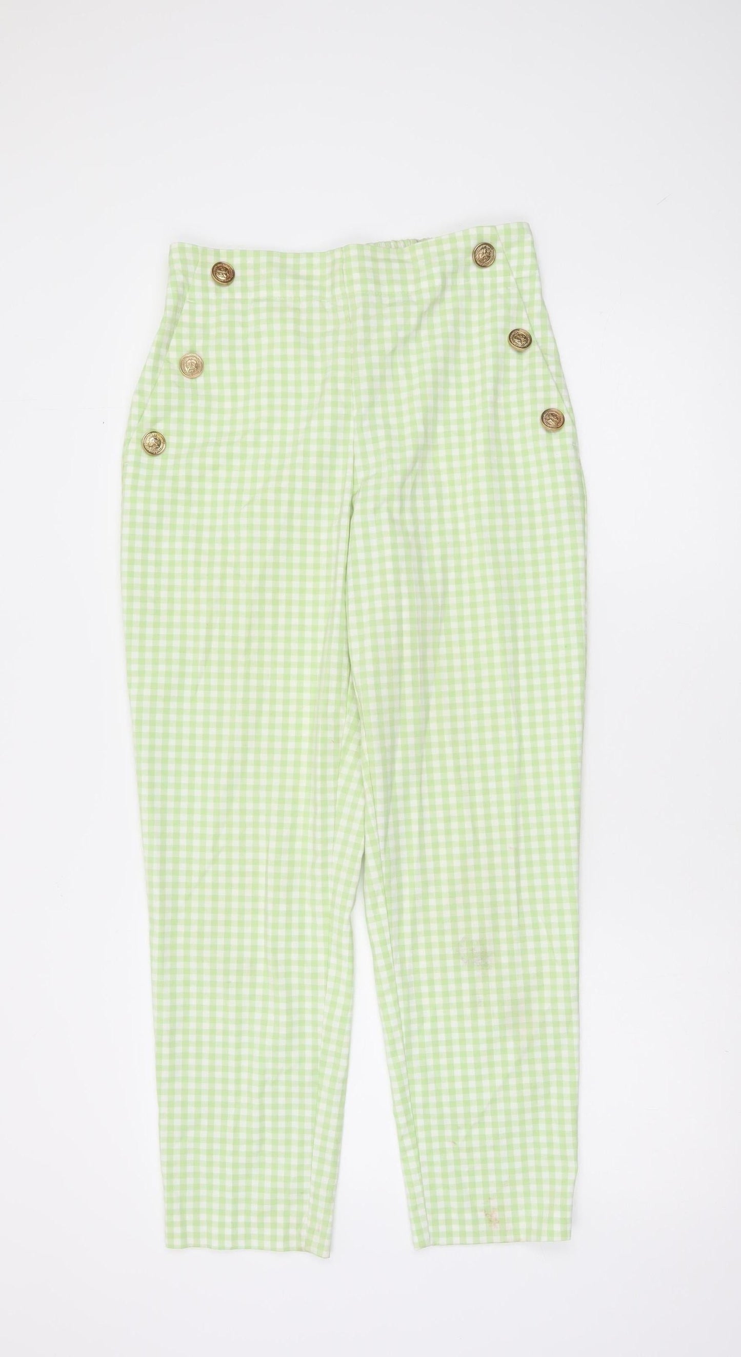 Zara Women's Green Check High Waist Chino Trousers Size S