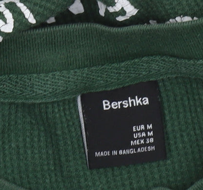 Bershka Women Green Cotton Crew Neck Relaxed Fit T-Shirt Size 10