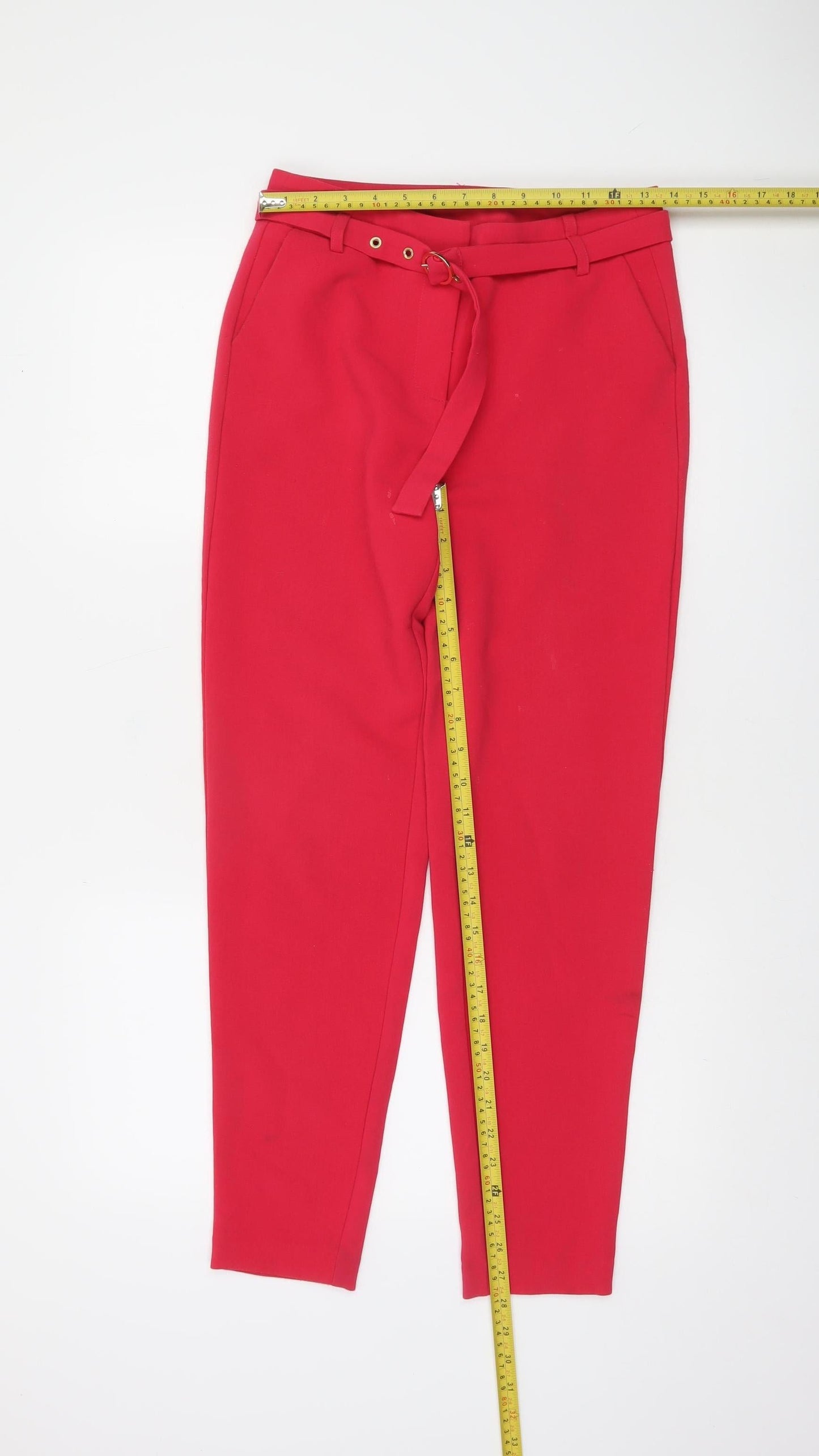 Vila Women Red Belted Tapered Trousers Size 6