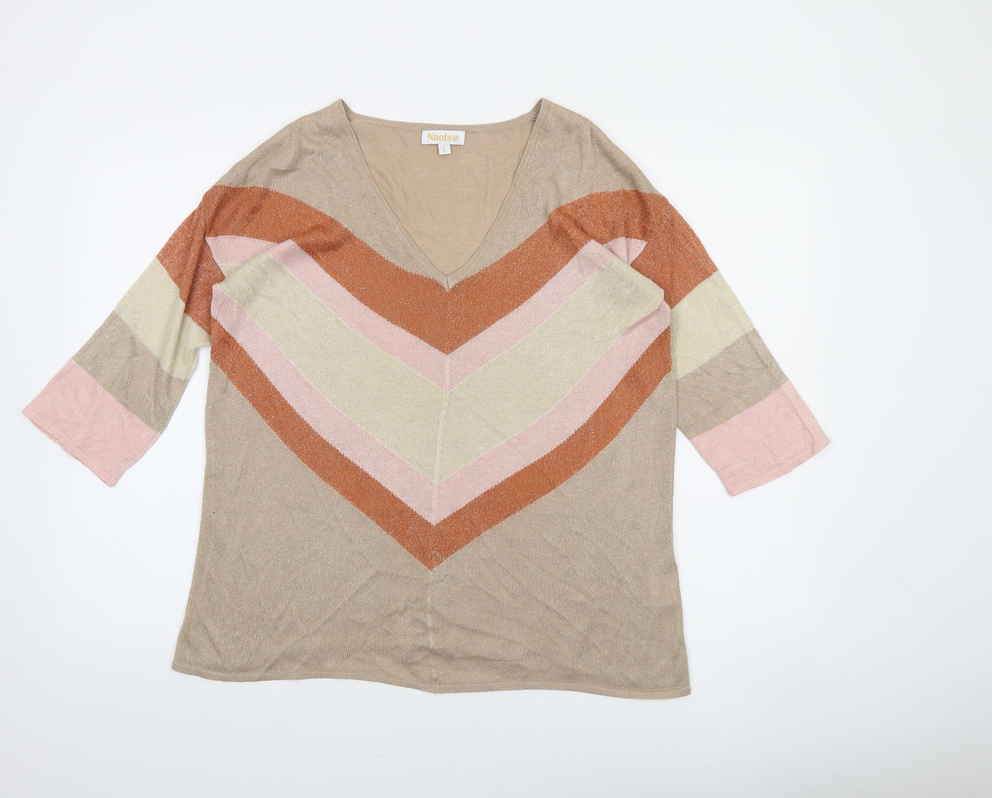 Naoise Women’s Beige V-Neck Striped Pullover Jumper Size L
