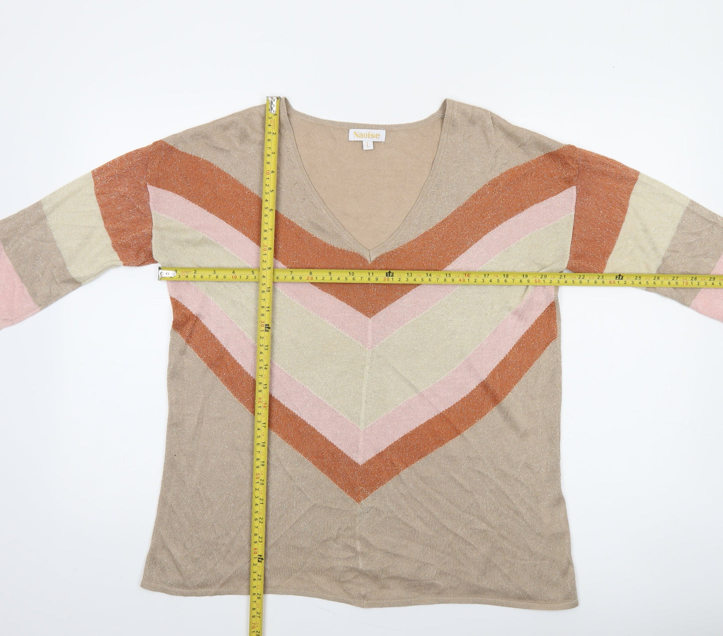 Naoise Women’s Beige V-Neck Striped Pullover Jumper Size L