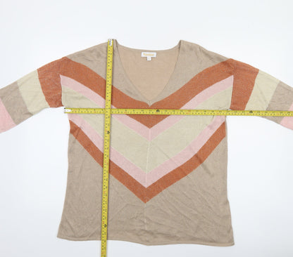 Naoise Women’s Beige V-Neck Striped Pullover Jumper Size L